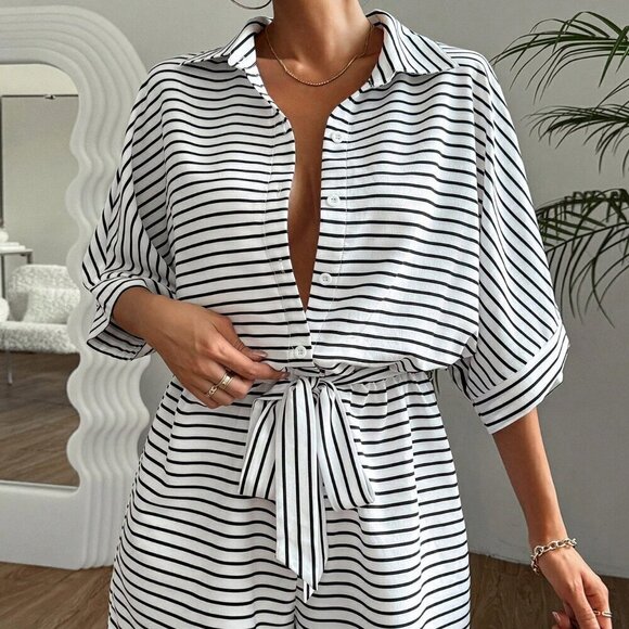 Multicolor Casual Women's Striped Batwing Sleeve Front Button Romper - Picture 1 of 6